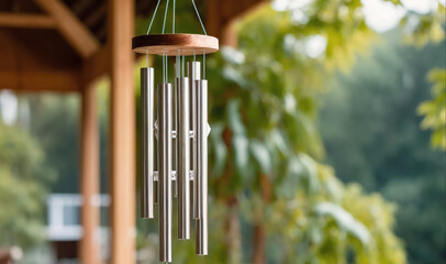 A silver wind chime hangs from a wooden porch with green trees in the background