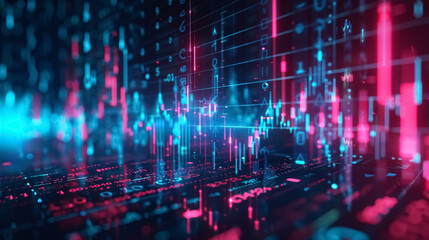 Fototapeta premium Digital display of an options chart and stock market glowing on a dark background 