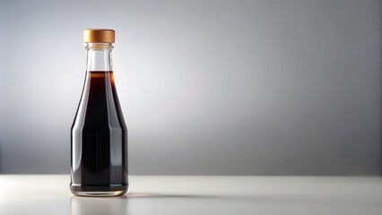 Glass Bottle of Soy Sauce with Gold Cap on White Surface