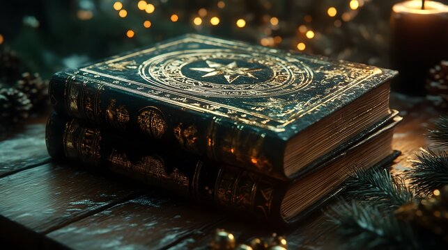 ancient magic christmas books with cryptic writings for a background