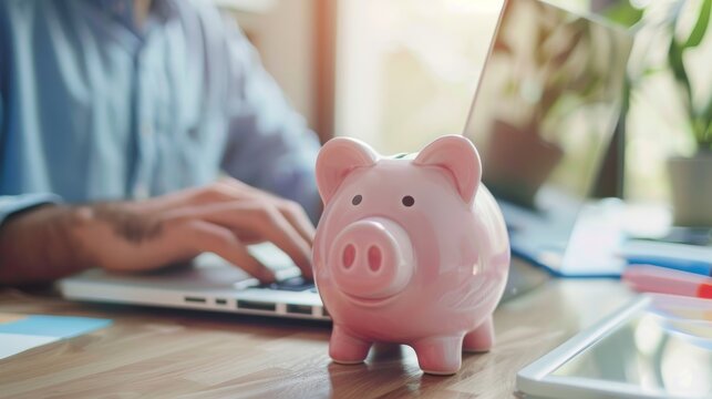 A person types on a laptop at a desk with a pink piggy bank in the foreground, symbolizing savings and financial planning.