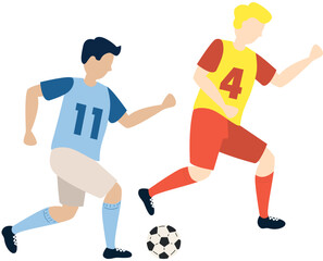 Soccer players kicking ball characters with two boys, flat cartoon vector illustration isolated on white background. Soccer or football game players collection.