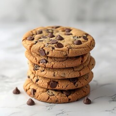 a delicious stack of chocolate chip cookies on a white marble surface.