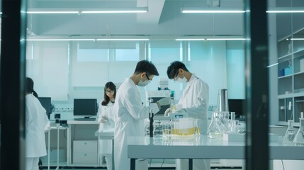 Researchers in a sterile lab environment, conducting experiments related to plant science amidst beakers, pipettes, and various lab equipment.