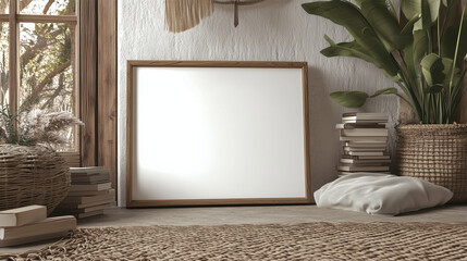 A4 blank poster frame mockup leaning against a wall in a boho-style living room with wooden tones, rattan and white linen details. Sunlight streams through the window, illuminating a cozy, warm atmosp
