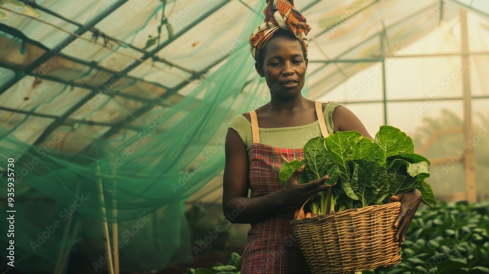 Sticker A farmer proudly holds a basket of fresh greens inside a greenhouse, showcasing the fruit of her labor under the translucent canopy.