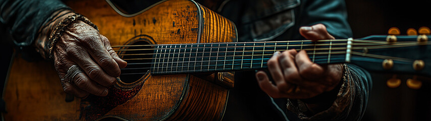 Close-up of a professional musician's hands playing an acoustic guitar, with the focus on the strings and frets, capturing the intricate details and textures.