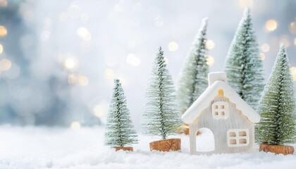 Fototapeta premium christmas house in winter snowy forest. holiday christmas ornament decoration, Copy space. banner and poster