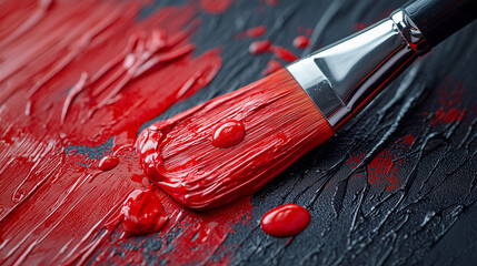 A minimalistic, close-up shot of a single paintbrush dipped in vibrant red paint, with drops falling into a palette.