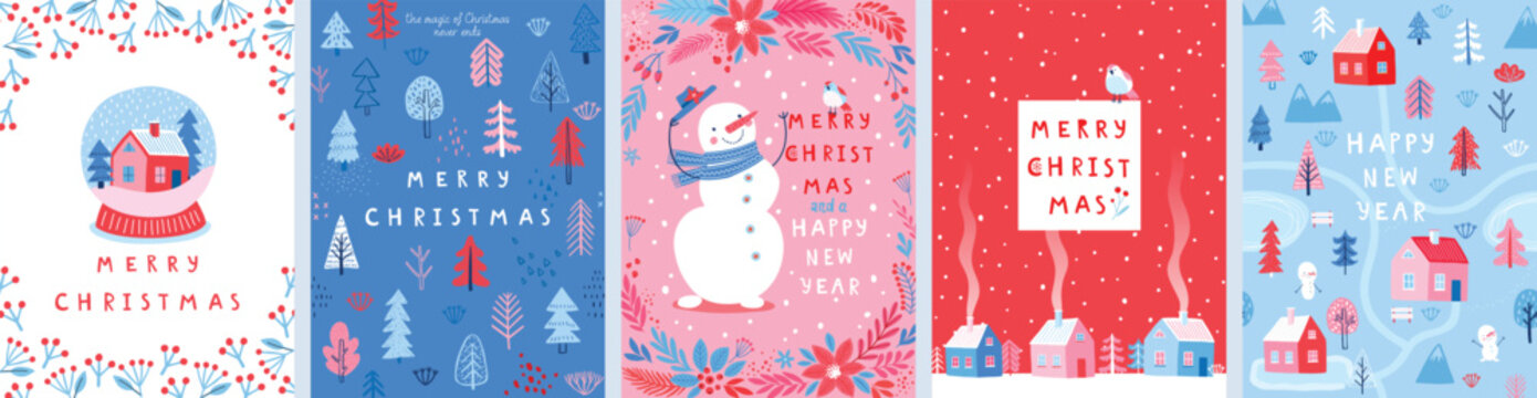 Christmas card set - hand drawn cute flyers. Postcards with lettering and Christmas graphic elements. Vector illustration.
