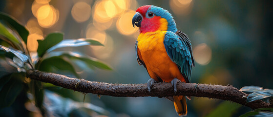 Obraz premium A vibrant, close-up shot of an exotic bird with colorful plumage, perched on a branch in a lush jungle setting.