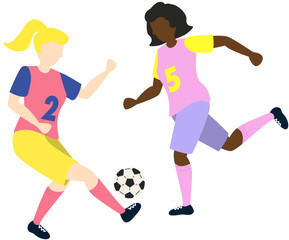 Soccer players kicking ball characters two girls, flat cartoon vector illustration isolated on white background. Soccer or football game players collection.