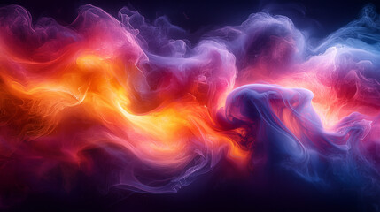 An abstract, high-definition 3D rendering of swirling, colorful smoke against a dark background, creating a dynamic and ethereal effect.