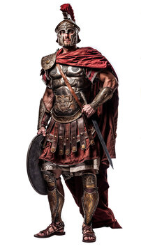 Muscular roman centurion in ornate armor, wielding sword and shield, crimson cape draped over shoulders, decorated helmet with red crest and intricate metalwork on breastplate and greaves
