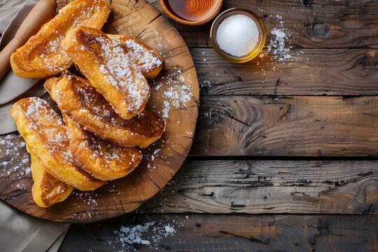 spanish torrijas with sugar glass on wooden table, top view. Copy space