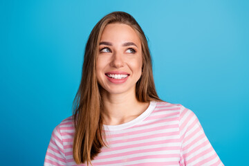 Fototapeta premium Photo of lovely cute nice woman wear stylish pink clothes look empty space isolated on blue color background