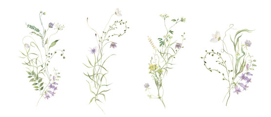 Watercolor Midsummer Field bouquets collection with hand painted delicate leaves, flowers. Romantic floral arrangements perfect for wedding greeting cards, invitation.