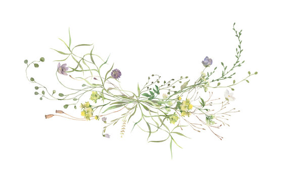 Watercolor Midsummer Field bouquets collection with hand painted delicate leaves, flowers. Romantic floral arrangements perfect for wedding greeting cards, invitation.