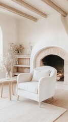 A bright Scandinavian living room features comfortable armchairs, a wooden table, and a warm fireplace, all set in neutral tones for a minimalist and luxurious ambiance