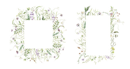 Watercolor Midsummer invitations frames with hand painted delicate  leaves, violet  flowers. Romantic floral frames  perfect for wedding greeting cards, invitation.