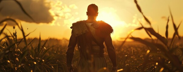 soldier standing in a field of red flowers, lit by the warm glow of an orange sunset over the horizon