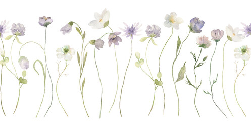 Watercolor Midsummer invitations seamless border with hand painted delicate leaves, pink flowers. Romantic floral frames perfect for wedding greeting cards, invitation.