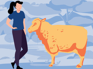 The girl is looking at the sheep.