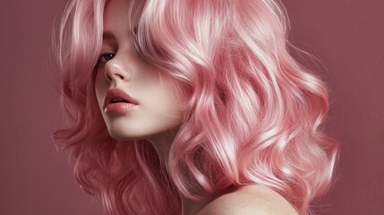 Naklejka premium A woman with luscious pink hair styled in soft waves poses effortlessly against a pastel pink backdrop.