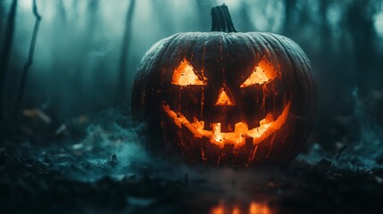 Halloween pumpkin glowing in a spooky forest at night