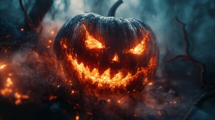 Scary halloween pumpkin burning in a spooky forest at night