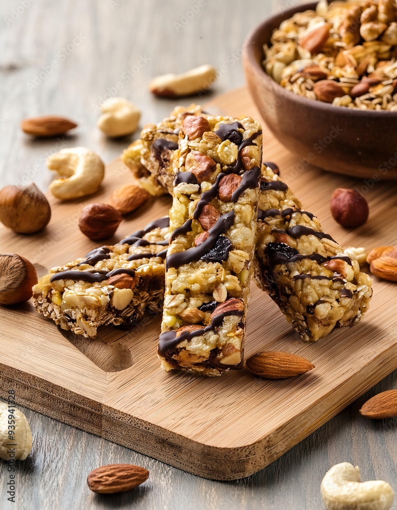 Wall mural healthy muesli bars with nuts and black chocolate