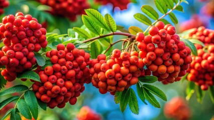 Close-up view of vibrant red rowan clusters on a tree branch, nature, berries, autumn, fruit, red, cluster, tree, branches