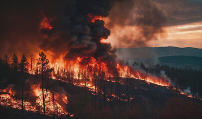 A hillside forest burns with orange flames during a wildfire