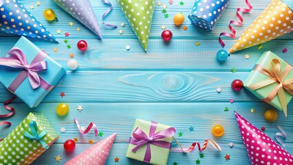 Obraz premium Festive birthday party background with caps, gift box, and streamer on light blue table. Top view, flat lay