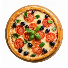 Pizza with tomatoes, olives and arugula isolated on white background