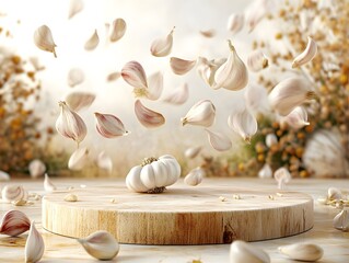 Obraz premium Floating Garlic Cloves on Minimalist Pedestal – Elegant Culinary Composition