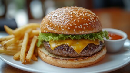 Delicious cheeseburger served with french fries and sauce on a plate