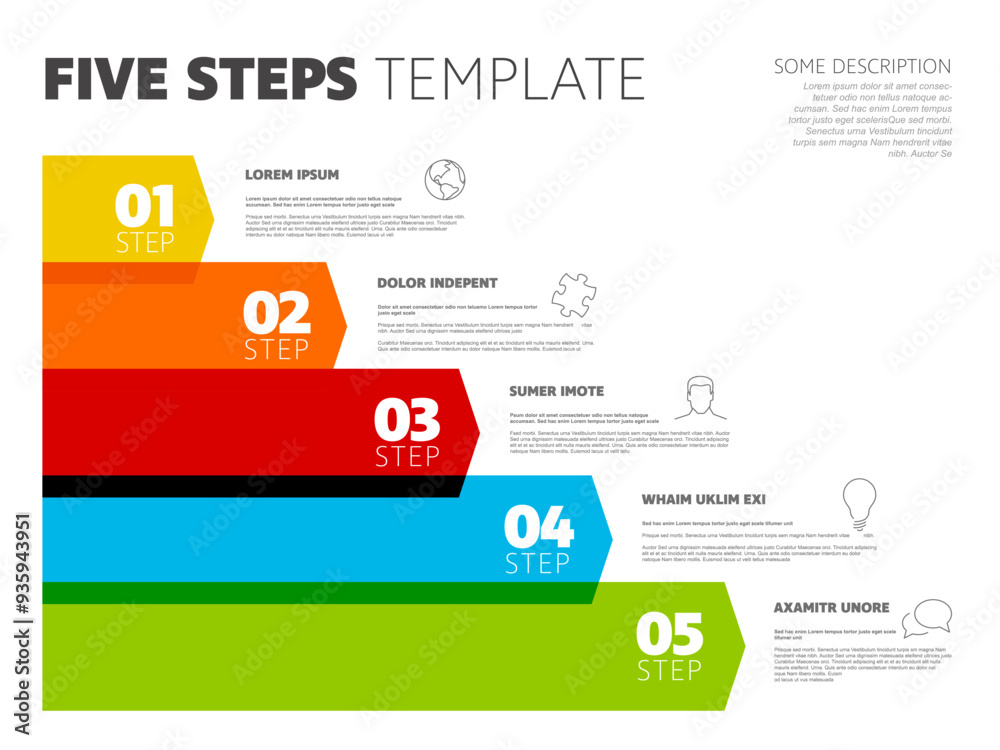 Poster five steps progress procedure infochart template with descriptions icons titles and big numbers on s