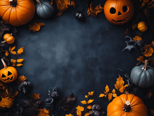 Halloween Flatlay with Pumpkins and Autumn Leaves on Dark Background