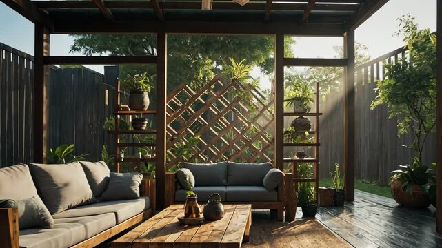 Video footage of outdoor patio area with modern furniture and decor,wooden pergola structure, a comfortable looking sofa with cushions