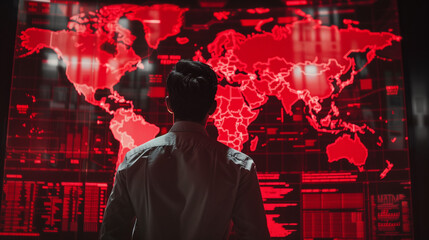 A business man standing in front of world global ecommerce map on red screen.