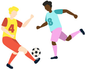 Soccer players kicking ball characters white boy with black boy, flat cartoon vector illustration isolated on white background. Soccer or football game players collection.