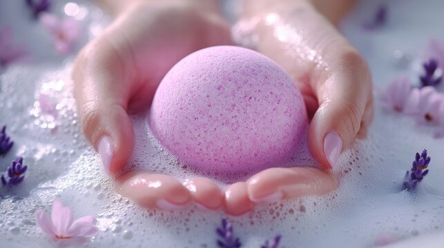 Woman holding purple bath bomb in foamy water with flowers