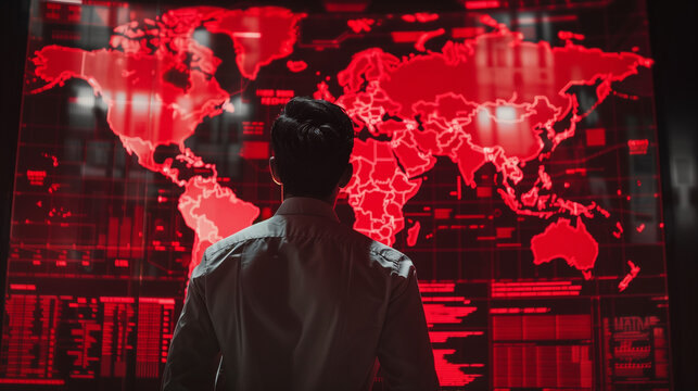 A business man standing in front of world global ecommerce map on red screen.