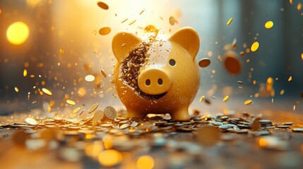 Golden piggy bank exploding with coins flying around