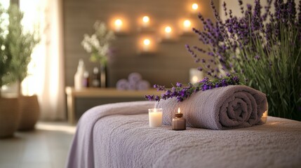Preparing a relaxing lavender spa massage table with candles