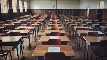The empty classroom was filled with the remaining student desks.