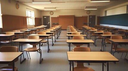 The empty classroom was filled with the remaining student desks.
