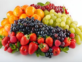 Obraz premium A colorful assortment of fresh fruits including grapes, strawberries, and oranges arranged beautifully on a white surface