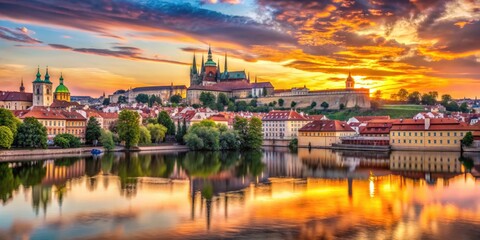 Fototapeta premium Sunset over Prague Castle with vibrant skies reflecting on Vltava River, Prague, Czech Republic, architecture, cityscape